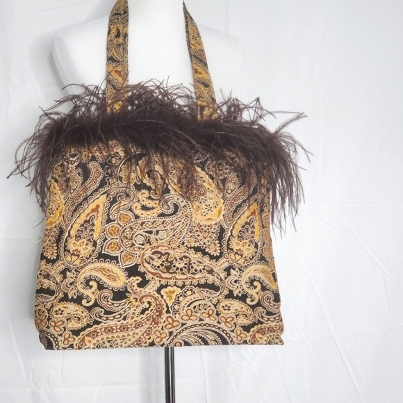CBK Brown & Gold Feather Paisley Tapestry Brocade Lined Bag Purse Tote - Picture 1 of 12